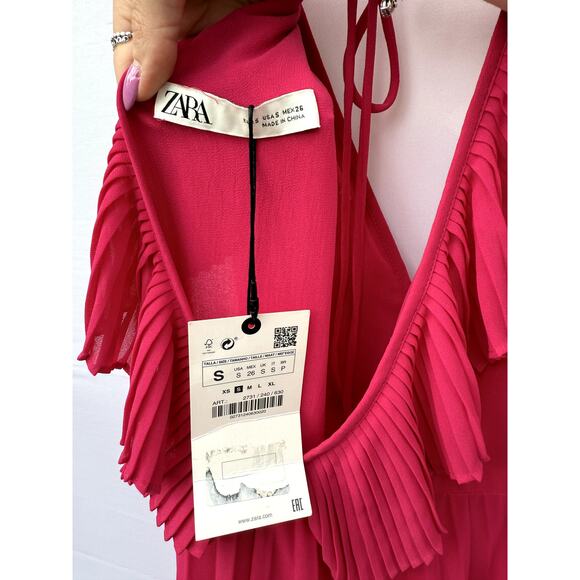 ZARA Fuchsia Pink Deep V-Neck Ruffle Sleeve & Collar Flowing Maxi Dress NWT - Picture 8 of 8
